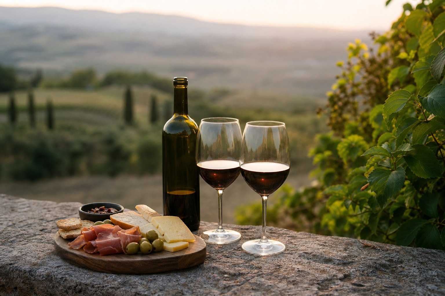 Borrelplank en glazen op een stenen muur in Toscane