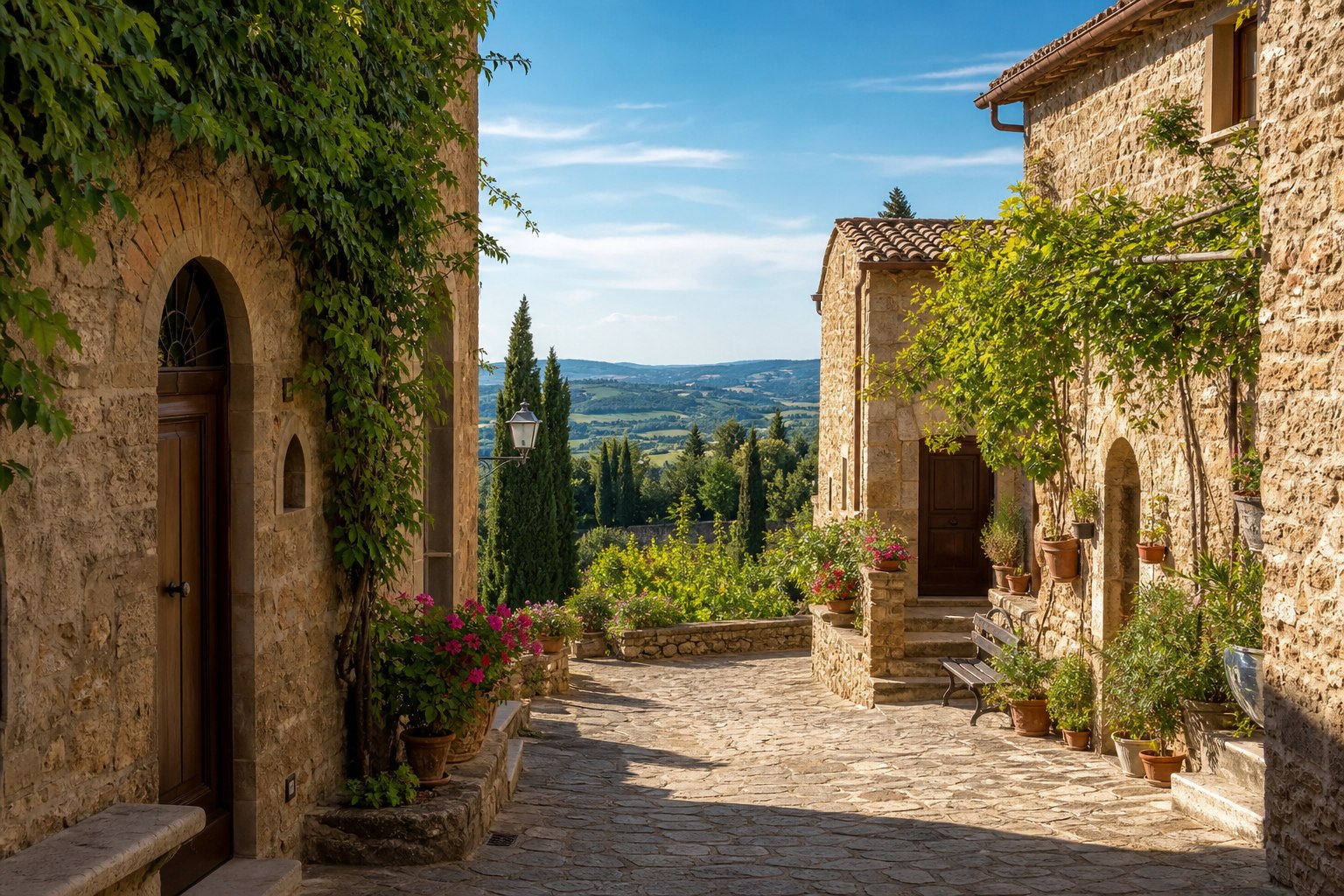 Zonnige stenen straat in een Toscaans dorp