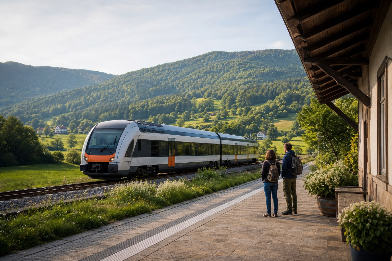 Twee reizigers bij een regionaal treinstation